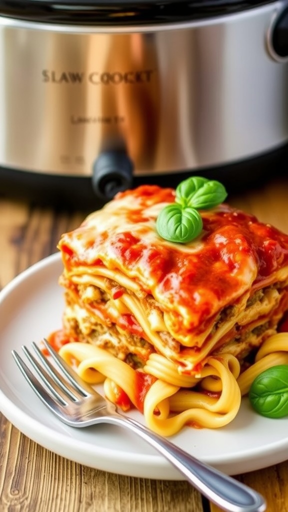 A slice of cheesy lasagna with layers of pasta and meat sauce, garnished with basil.